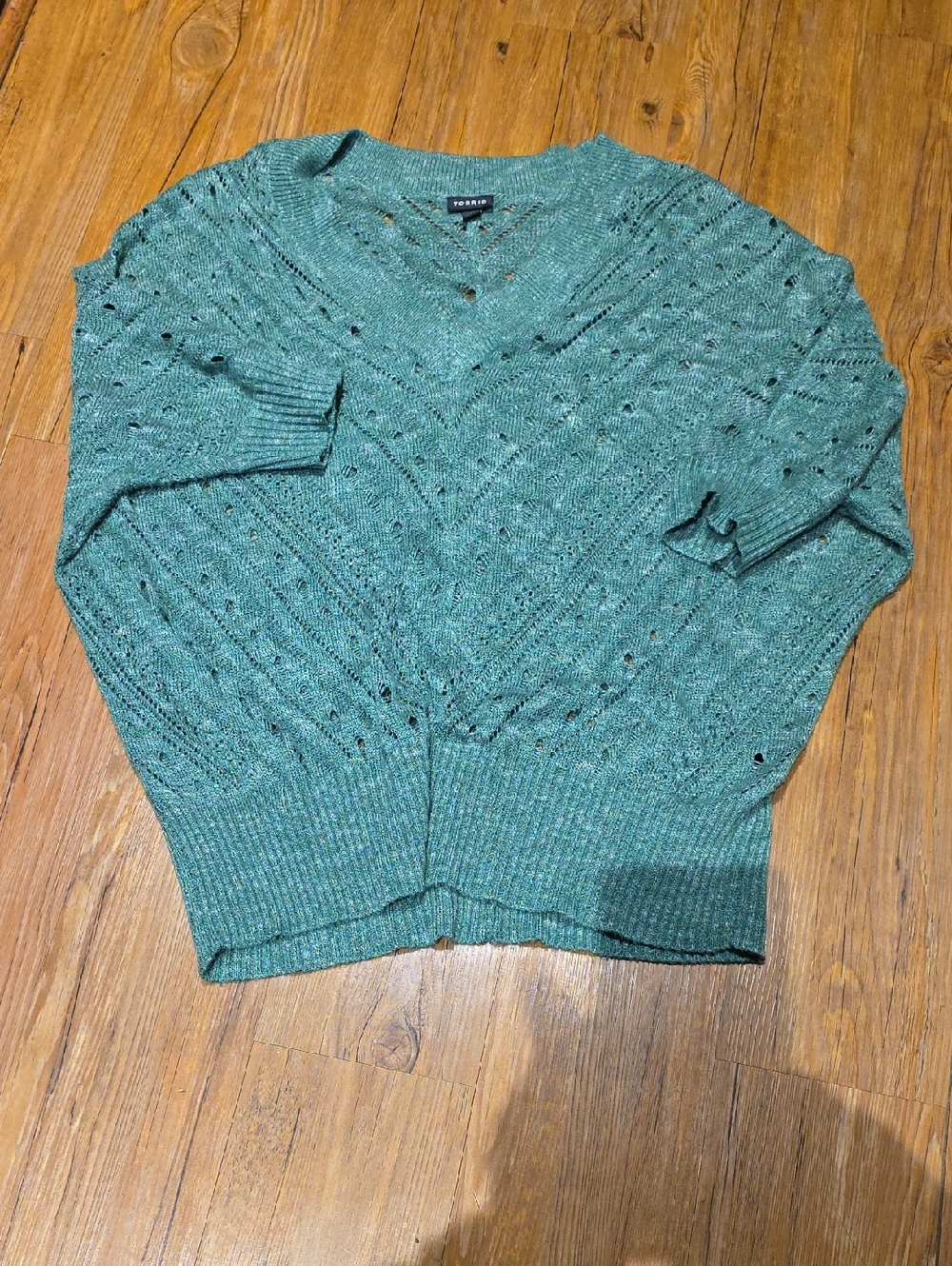 torrid Teal Green Open-Knit V-Neck Sweater